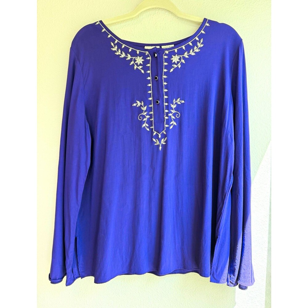 White Stag Women's XL Purple Floral Embroidered Woven Rayon Round Neck Blouse